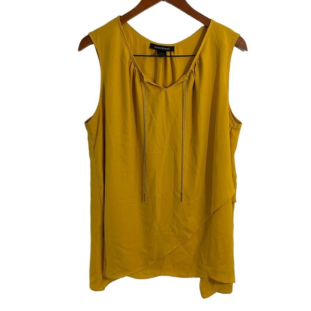 Ashley Stewart Mustard Yellow Chiffon Blouse 14 16 Metal Chain Tiered Layered